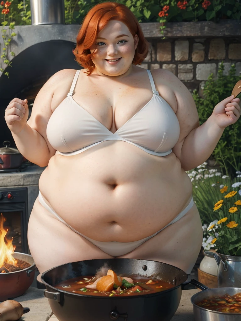 A happy photo of a young beautiful redhead bbw with short ginger hair soft fat belly, wide fat obese hips, thick fat legs and fat arms, cute pretty face, blue eyes, freckles, in underwear and cooking apron, cooking goulash in a cauldron with a fire place below it in the garden