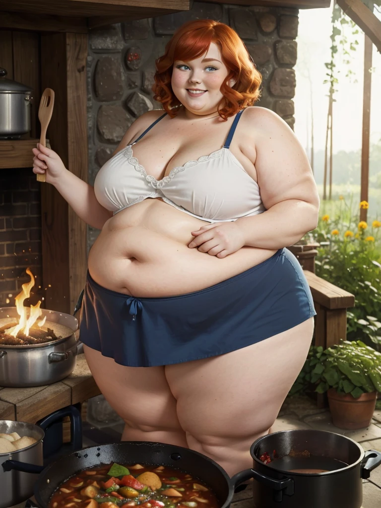 A happy photo of a young beautiful redhead bbw with short ginger hair soft fat belly, wide fat obese hips, thick fat legs and fat arms, cute pretty face, blue eyes, freckles, in underwear and cooking apron, cooking goulash in a cauldron with a fire place below it in the garden