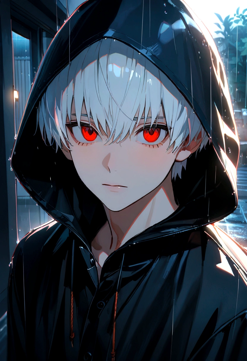 kk, best quality, more details, masterpiece, 1 boy, kaneki ken, portrait, male focus, red eyes, coming home from work, bangs, looking at the viewer, work clothes, short hair, rain, residential, hood up, nail polish, white hair, luxury, 8k, details, ray tracing, depth of field, cinematic lighting,