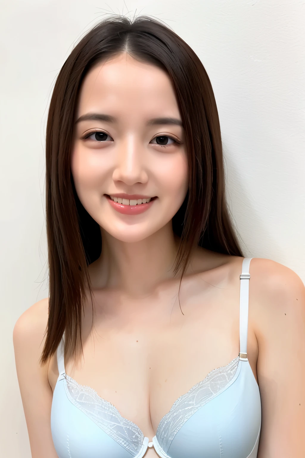 (Highest quality、Tabletop、、Best image quality)、1 female、(Face close-up:1.3)、(Wear only beautiful luxury blue bras:1.3)、The best smile、Smiling with beautiful teeth、(Standing against a blank white wall:1.5)、Ultra HD Glowing Bright Skin、Shiny, Moisturized Skin、Ultra HD Shining Eyes、Natural Makeup、Perfect Anatomy、Blurred Background、Sculpture Pose