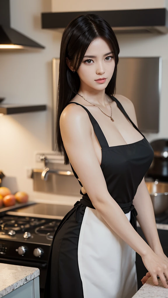 （Highest quality、8K、masterpiece：1.3）、Beautiful woman with perfect figure：1.2、Black Hair、Shortcuts、Straight Hair、Wearing a pendant、Wearing an apron、In the kitchen、Highly detailed face and skin、Fine particles、double eyelid、Big Breasts