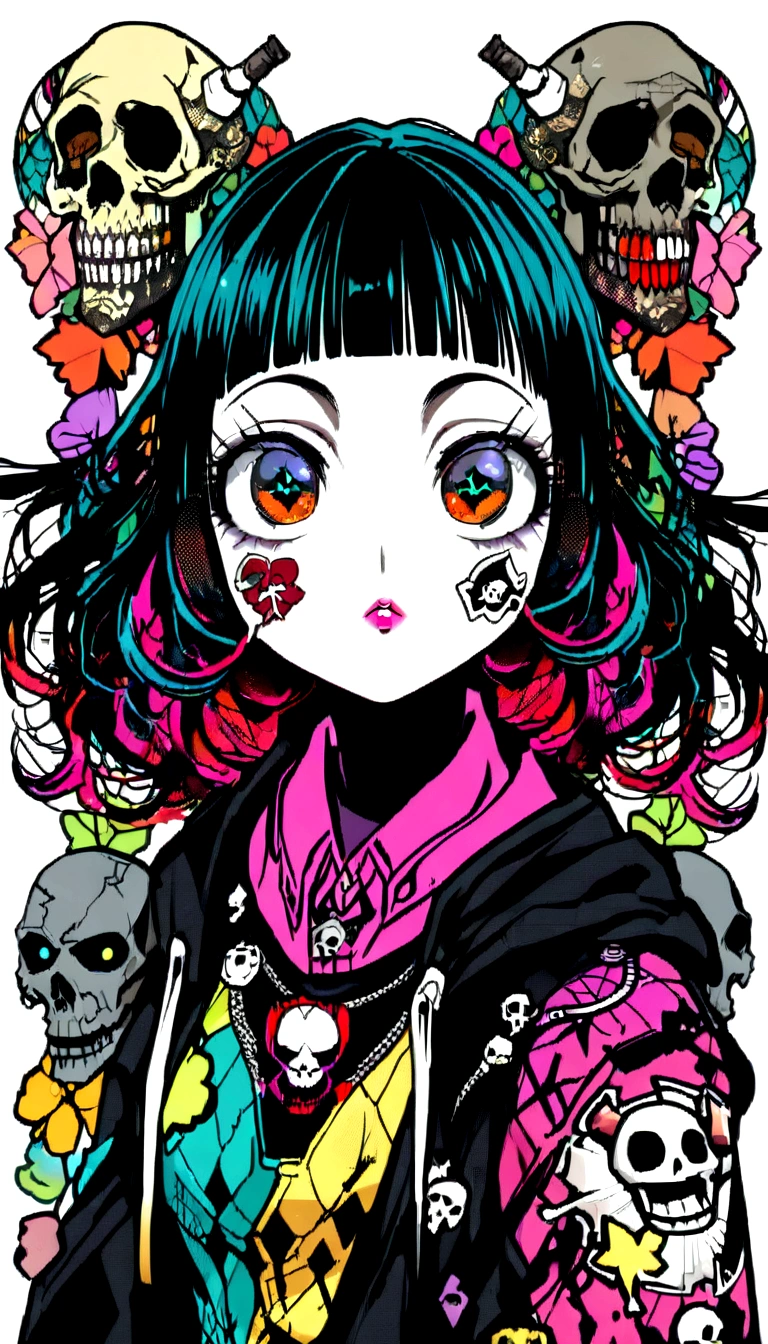 Black Hair、Black Feather、Gothic Punk、sit ,anime zombie witch design, crossbones, skulls, street wear design, pro vector, Horror style, full design, 6 colors only, solid colors, no shadows, full design, sticker, bright colors, white background.super fine illustration,(((beautiful fine hair))),(((beautiful fine face))),(((beautiful fine background))),(((beautiful fine hair))),(((beautiful fine face))),(((beautiful fine background))),Midsummer、beachBlack Hair、blunt bangs、Cross-eyed