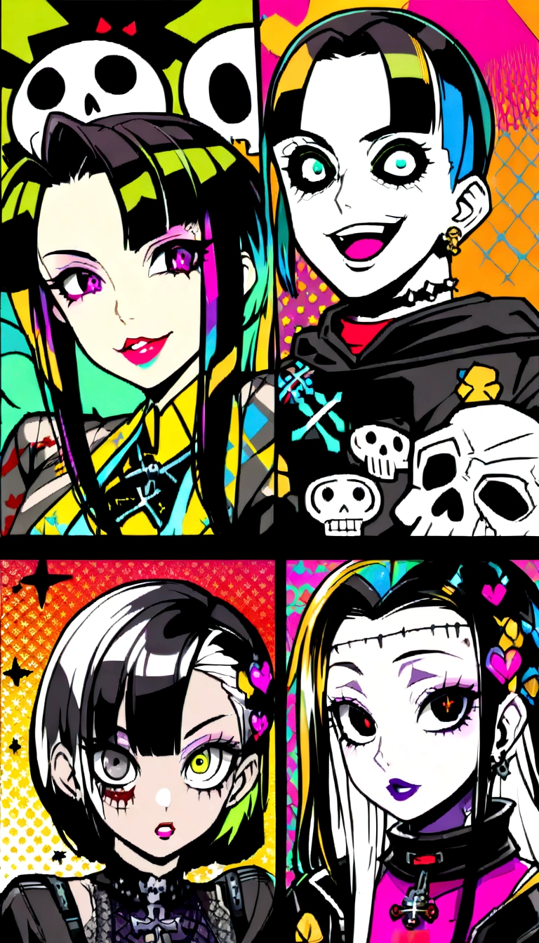 Black Hair、Black Feather、Gothic Punk、sit ,anime zombie witch design, crossbones, skulls, street wear design, pro vector, Horror style, full design, 6 colors only, solid colors, no shadows, full design, sticker, bright colors, white background.super fine illustration,(((beautiful fine hair))),(((beautiful fine face))),(((beautiful fine background))),(((beautiful fine hair))),(((beautiful fine face))),(((beautiful fine background))),Midsummer、beachBlack Hair、blunt bangs、Cross-eyed