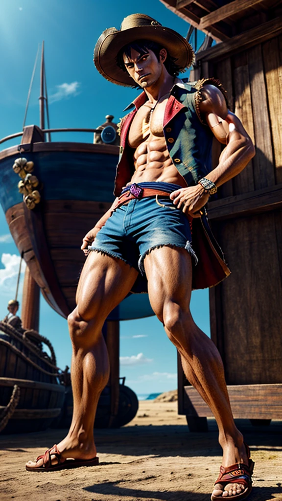 a dynamic pirate captain Luffy, detailed muscular body, intense expression, straw hat, red vest, blue shorts, sandals, mid-action pose, dramatic lighting, cinematic composition, vibrant colors, digital painting, concept art style, hyperrealistic, 8k, best quality, masterpiece