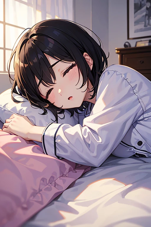 Black Hair、Iris、short hair、girl、cute、16 years old、、pajamas、Lying down、Sleeping、sleeping face、1 person