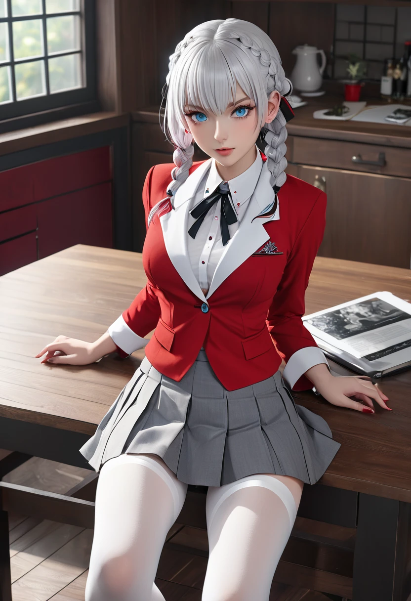 "1 girl, incredibly detailed 8k computer graphics, perfect model, mesmerizing idol, Stunning face, unearthly beauty, virgin white hair, ring braids, Charming Blue Eyes,  Kakegurui ,  red blazer, White shirt, pleated gray skirt,  white tights, sat on the table  , whole body, legs spread, pussy visible, thong mesh