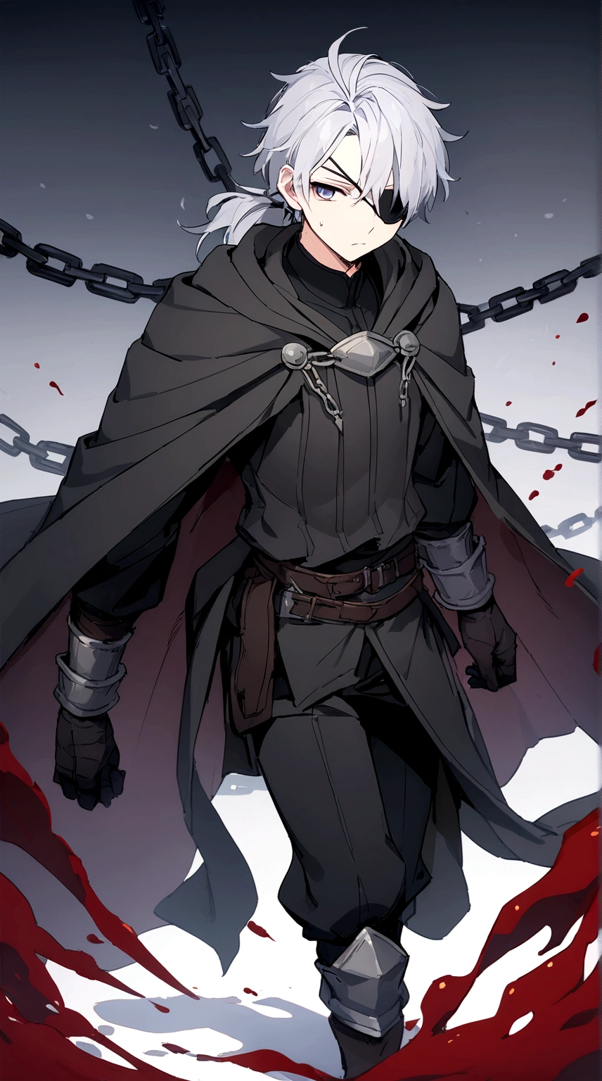 Anime character, a man, medieval era. Young man, 20 years old, large body, cold gaze, cold expression, white skin, short messy gray hair, ponytail, left eye patch, black clothes, black shirt, dark cape with hood, chains. frontal camera. Walking in a sea of blood. Three moons shining high in the sky, purple, red and blue. White electricity emanating from his body, black electricity emanating from his left hand. Right eye shining in a white ray. Thunderous white lightning. (best quality, 4k, 8k, high resolution, masterpiece: 1.2), vibrant, ultra-detailed colors, chiaroscuro lighting, dramatic pose, intricate details, fantasy, mystical, powerful