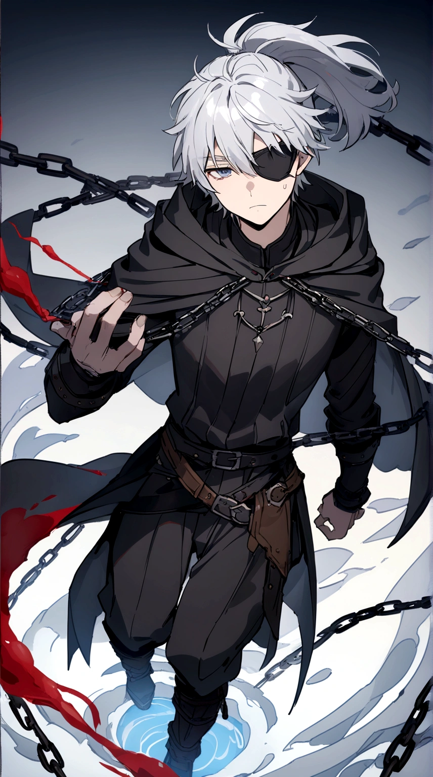Anime character, a man, medieval era. Young man, 20 years old, large body, cold gaze, cold expression, white skin, short messy gray hair, ponytail, left eye patch, black clothes, black shirt, dark cape with hood, chains. frontal camera. Walking in a sea of blood. Three moons shining high in the sky, purple, red and blue. White electricity emanating from his body, black electricity emanating from his left hand. Right eye shining in a white ray. Thunderous white lightning. (best quality, 4k, 8k, high resolution, masterpiece: 1.2), vibrant, ultra-detailed colors, chiaroscuro lighting, dramatic pose, intricate details, fantasy, mystical, powerful