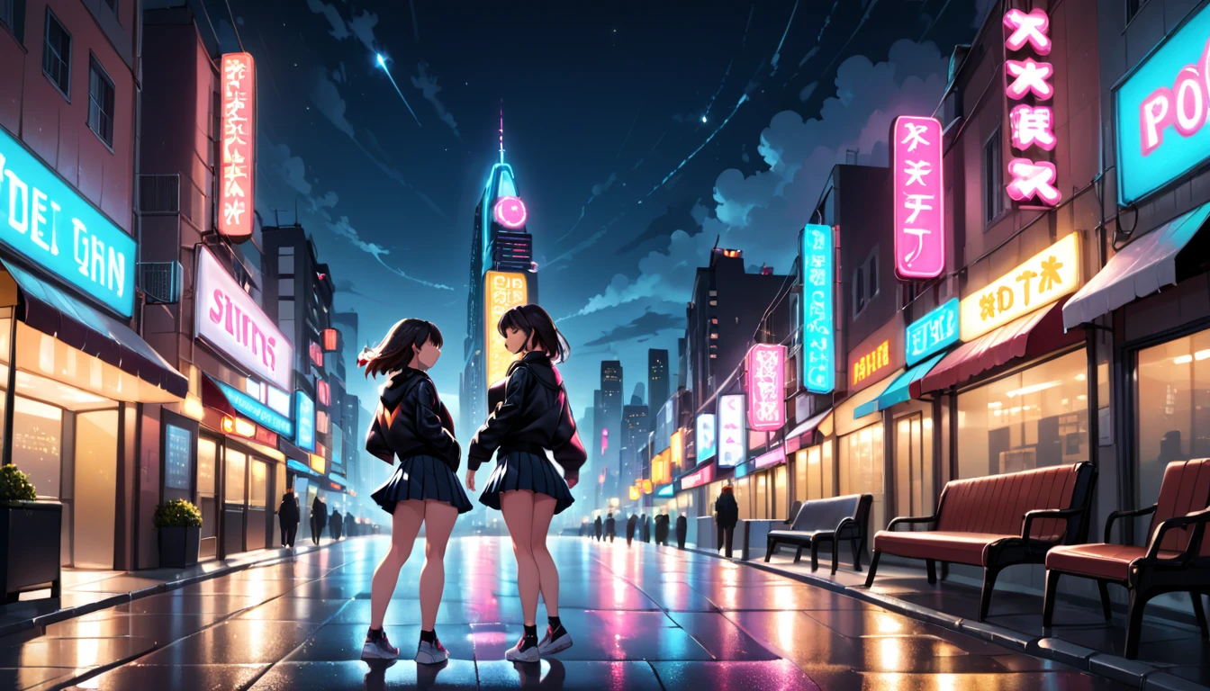 High definition photos. The sky is dark and full of dark clouds. A city full of neon signs on a dark night. There is standing water on the city streets. An 18-year-old girl sits forlornly on her bench. The girl looks at the sky with her face lifted and her chin held high. Her hair blows in the wind. The girl is wearing her pleated skirt and her bb sneakers. A close-range shot of the girl's profile.