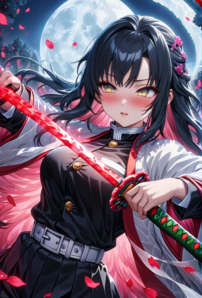 Ultra detailed, highres, absurdres, HDR, master piece, anime girl, pretty woman with white long hair with red streaks, girl with yellow eyes, black demon slayer uniform, Kimetsu No Yaiba, fantasy, petals, red blood power, pretty, Tomioka Giyu, Water Hashira power, training with swords, romance, magic, moon, best quality, extremely detailed face, love, passion, romance, anime, they are really in love and training with katanas, hashira training swords