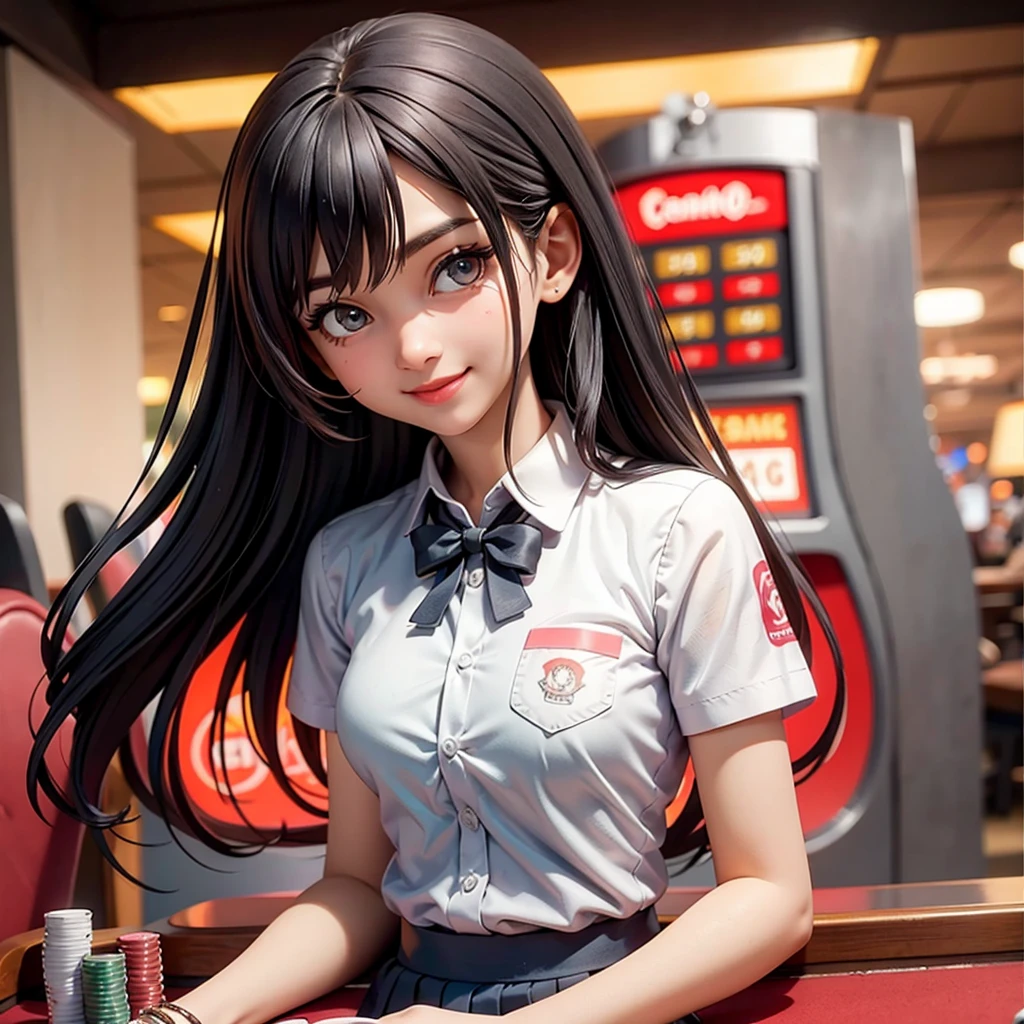 happy and smile, {{indonesian girl}}, {wearing high school uniform}, teasing and waiting customer play, standing, playing in casino, red casino background, polite and kind, Sweet Face, roulette table, poker table, big slot machines right and left,