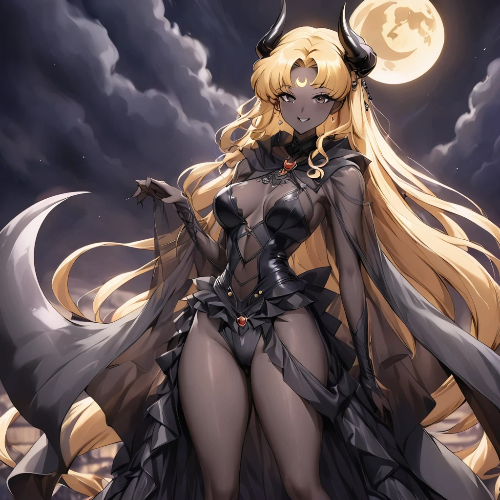 ((Highest quality)), ((masterpiece)), (detailed), (Perfect Face)、The woman is the Dark Queen of the Black Moon of the Black Moon Clan, the Demon Queen Black Serenity, and the woman is the sexy, jet-black-skinned demon princess Serenity.、The woman is a jet-black female demon with magnificent devil horns, jet-black devil wings, and a jet-black tail. Her skin is jet-black and she has a black inverted crescent moon mark on her forehead. She is a demon bride wearing a see-through Gothic Victorian wedding dress that shows off her gorgeous black skin, a black wedding veil, and a black see-through cape. She is the jet-black demon Princess Serenity, and has blonde hair that looks happy as she looks at the camera.2The expression of a girl in love with her long hair tied up、Woman is Black Serenity、Punishment pose on behalf of the moon