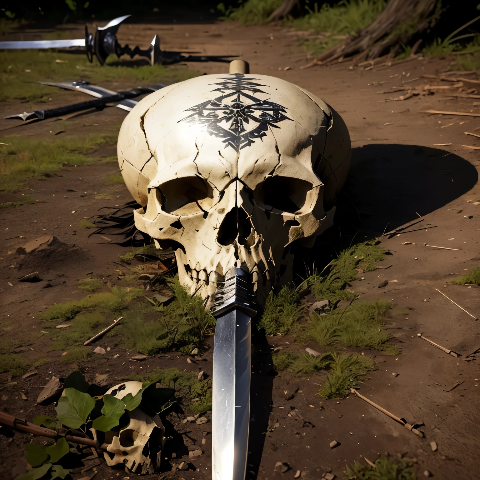 a close-up of a skull with a knife in the grass, sacred skull, skull cane, a sword stuck in the ground, with an animal skull on his head, Death skull, mori memory, life and death mixing together, skulls on the floor, swords stuck on the ground, study of still life, fantasy skull, Medieval spear, close-up portrait goddess skull
