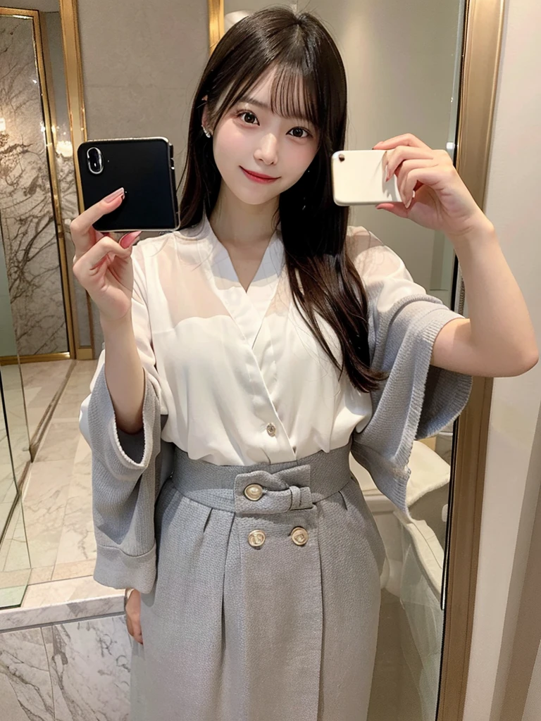 Best Quality, 1 beautiful Japanese woman, standing in front of a full-length mirror taking a (selfie:1.5), making a playful pose with one foot raised and a cheeky grin, at a luxury europe hotel