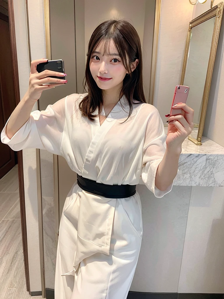 Best Quality, 1 beautiful Japanese woman, standing in front of a full-length mirror taking a (selfie:1.5), making a playful pose with one foot raised and a cheeky grin, at a luxury europe hotel