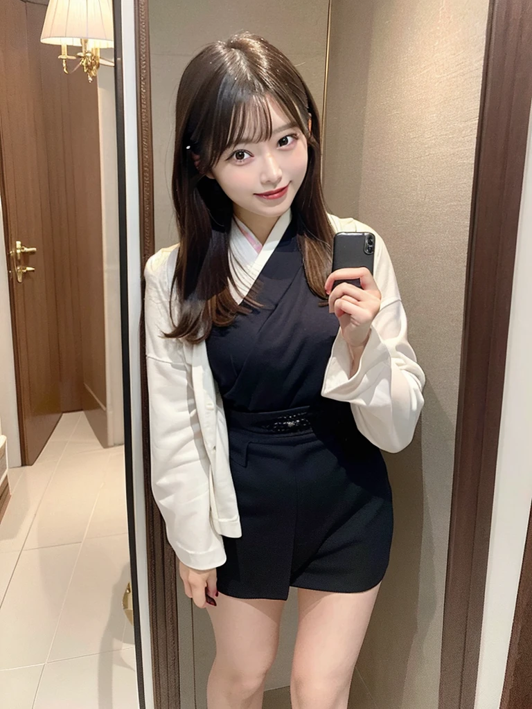 Best Quality, 1 beautiful Japanese woman, standing in front of a full-length mirror taking a (selfie:1.5), making a playful pose with one foot raised and a cheeky grin, at a luxury europe hotel