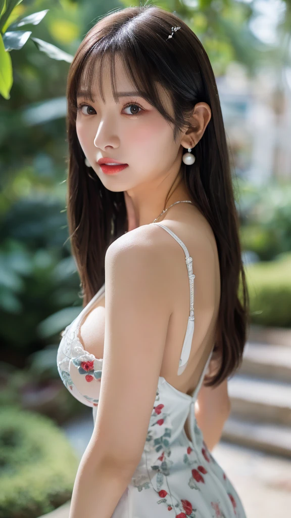 1 girl, national foundation, ((8k, raw, masterpiece: 1.5)), (Professional photography, sharp:1.2), Perfect dynamic composition, (Natural sun light), (soft shadow), (Perfect body:1.4), (((skinny figure))), ((huge round breasts: 1.35)), (((((medium long hair,bangs))))), Ultra-detailed faces and skin, perfect asian, White skin, (Delicate skin:1.4), (latex skin:0.4), (perfect glowing skin:0.6), light brown eyes, beautiful eyes, round eyes, pretty face, blush, glossy lips, ((plump lips)), glossy eyes, Really moist skin, Refined expression, looking at camera, Elegant pearl necklace, Elegant earrings, minimalist, (blue and red floral gown),
