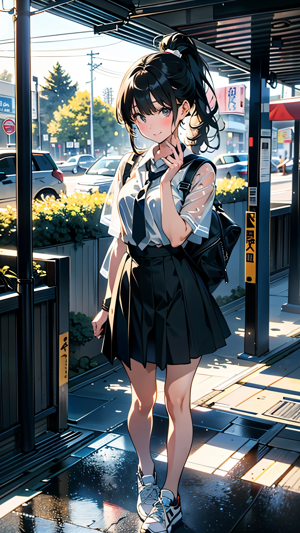 (8K, RAW Photos, 最high quality, masterpiece:1.2), high qualityのRAWカラー写真, Professional photo shoot, Cinematic Light, alone, (((young woman, Gal))), (Sharp features), (Small face), (Skin with attention to detail:1.2), clavicle, Cute face, Beautiful appearance, Long eyelashes,Girl Turning Around, smile, (Black Hair, Long straight line), High School Uniform, sneakers, Backpack, Night Park, Confident attitude, Capture the happy moment, Artistic painting,Attractive thighs, (A very fine touch:1.2), (はにかんだsmile), Peaceful atmosphere, Oil painting style, Bright colors, (Are standing:1.5, Inside a convenience store, Full body portrait), Smooth texture, Gazing Eyes, Beautiful Skin, Shiny skin, ((Perfect Fingers, Five Fingers, Anatomically correct)), Background Blur, high quality, Surreal, ((Very detailed, photo shoot)),A large number of people、blush、plump、Black Hair、Tie-up hair、ponytail、mini skirt、heavy rain、soaked、See-through shirt、See-through bra