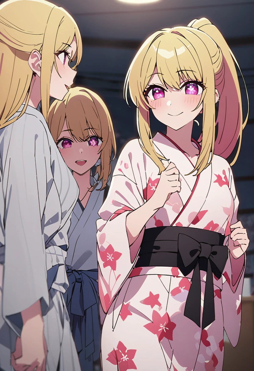 Blonde、Fluttering figure、yukata、Highest quality、high resolution、8K,Highest quality、Star-shaped pupil、The best smile、long hair、Pink Eyes、ponytail、Cowboy Shot、One person