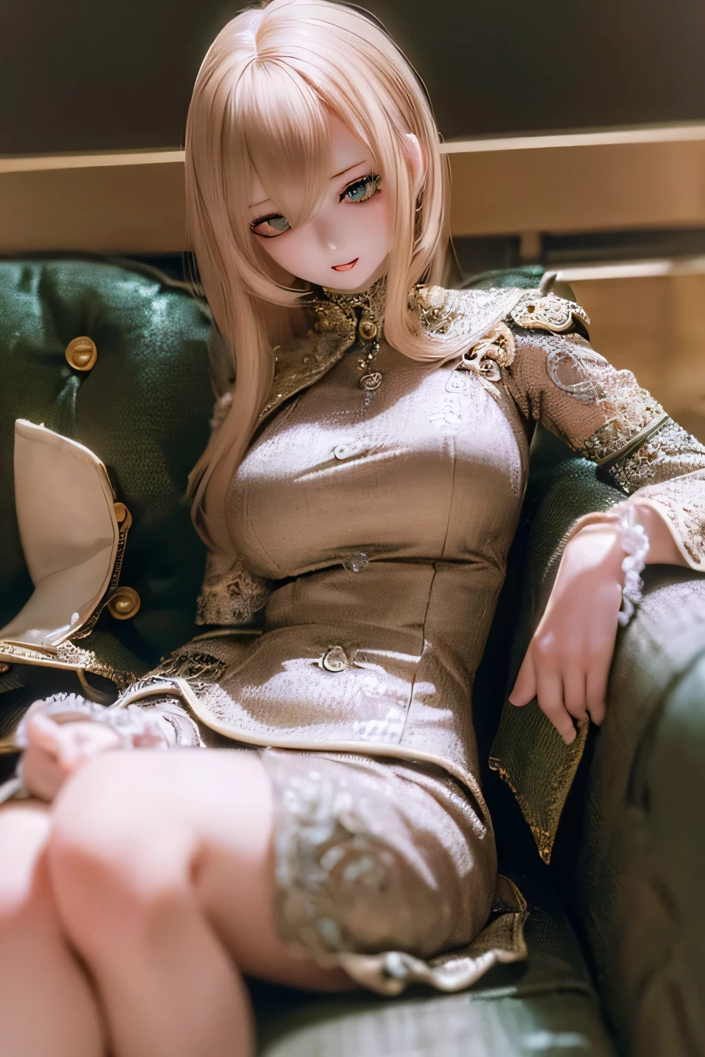 photorealistic, realistic photo, ((highest quality)), ((masterpiece)), (extremely detailed), kukolnydom, doll, (mature woman:1.7), solo, eye level shot, sitting on sofa, hands on knees, green eyes, (looking down, blank eyes, empty eyes, detailed eyes:1.3), light smile, dress, museum, 8k