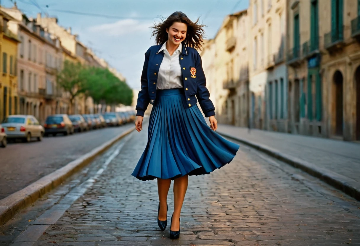 A smiling, authentic, (shy:1,3), kind, beautiful woman, is passionately in love with her skirt, wind wildly lifts her skirt, wearing uniform jacket and very, very detailed (long (fully pleated) full circle skirt) and (low heeled court shoes), very, very intricate hyper-detailed symmetric (attractive graceful young feminine face) with (sad, tired eyes and a loving smile), very voluptuous breasts, full of empathy and compassion and love, (pronounced (feminine) features), (highly detailed ultra accurate realistic) hands and fingers, (windy), epic composition, highly detailed attributes, (35mm f1.4 Kodak portra 400 photograph), extremely high quality RAW photograph, highly detailed atmosphere, sci-fi, cinematic shot, dynamic lighting, 75mm, Technicolor, Panavision, cinemascope, sharp focus, fine details, 8k, HDR, realism, realistic, key visual, film still, superb cinematic color grading, depth of field