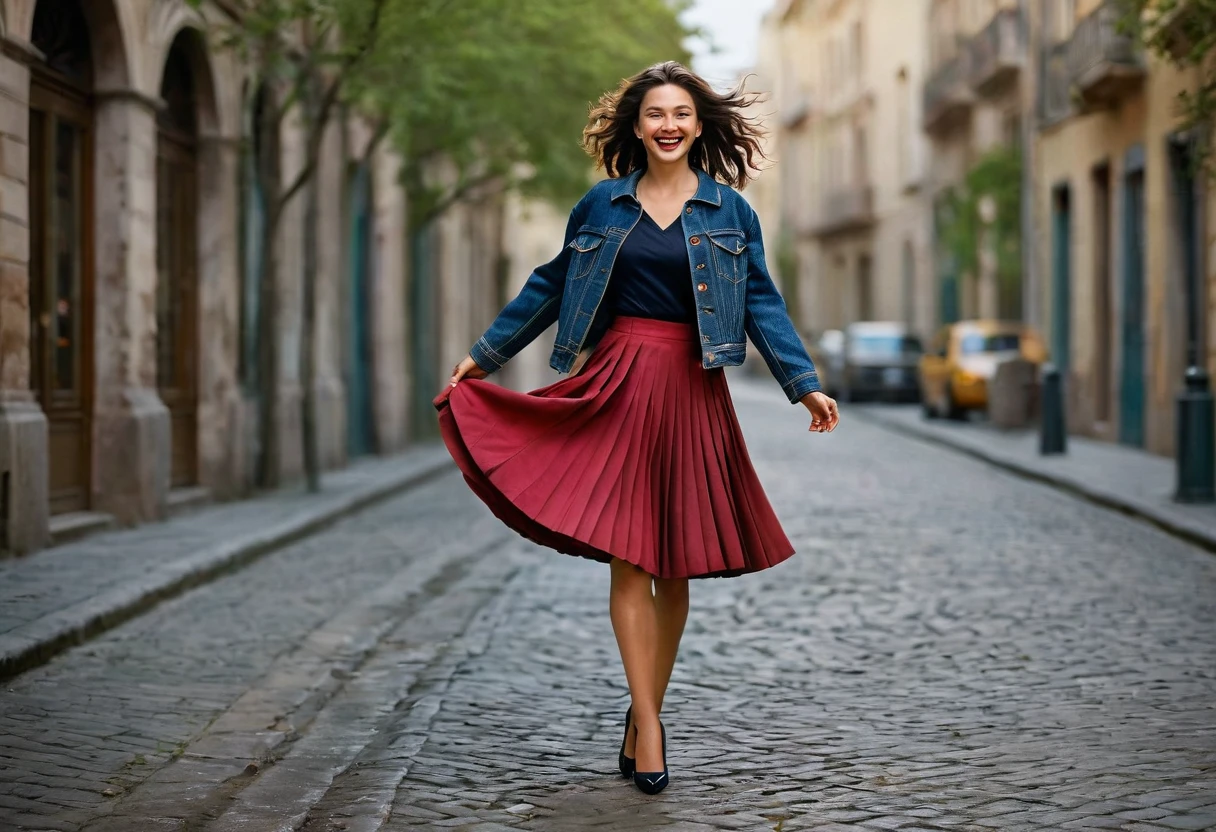 A smiling, authentic, (shy:1,3), kind, beautiful woman, is passionately in love with her skirt, wind wildly lifts her skirt, wearing uniform jacket and very, very detailed (long (fully pleated) full circle skirt) and (low heeled court shoes), very, very intricate hyper-detailed symmetric (attractive graceful young feminine face) with (sad, tired eyes and a loving smile), very voluptuous breasts, full of empathy and compassion and love, (pronounced (feminine) features), (highly detailed ultra accurate realistic) hands and fingers, (windy), epic composition, highly detailed attributes, (35mm f1.4 Kodak portra 400 photograph), extremely high quality RAW photograph, highly detailed atmosphere, sci-fi, cinematic shot, dynamic lighting, 75mm, Technicolor, Panavision, cinemascope, sharp focus, fine details, 8k, HDR, realism, realistic, key visual, film still, superb cinematic color grading, depth of field