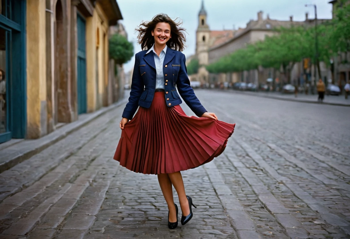 A smiling, authentic, (shy:1,3), kind, beautiful woman, is passionately in love with her skirt, wind wildly lifts her skirt, wearing uniform jacket and very, very detailed (long (fully pleated) full circle skirt) and (low heeled court shoes), very, very intricate hyper-detailed symmetric (attractive graceful young feminine face) with (sad, tired eyes and a loving smile), very voluptuous breasts, full of empathy and compassion and love, (pronounced (feminine) features), (highly detailed ultra accurate realistic) hands and fingers, (windy), epic composition, highly detailed attributes, (35mm f1.4 Kodak portra 400 photograph), extremely high quality RAW photograph, highly detailed atmosphere, sci-fi, cinematic shot, dynamic lighting, 75mm, Technicolor, Panavision, cinemascope, sharp focus, fine details, 8k, HDR, realism, realistic, key visual, film still, superb cinematic color grading, depth of field