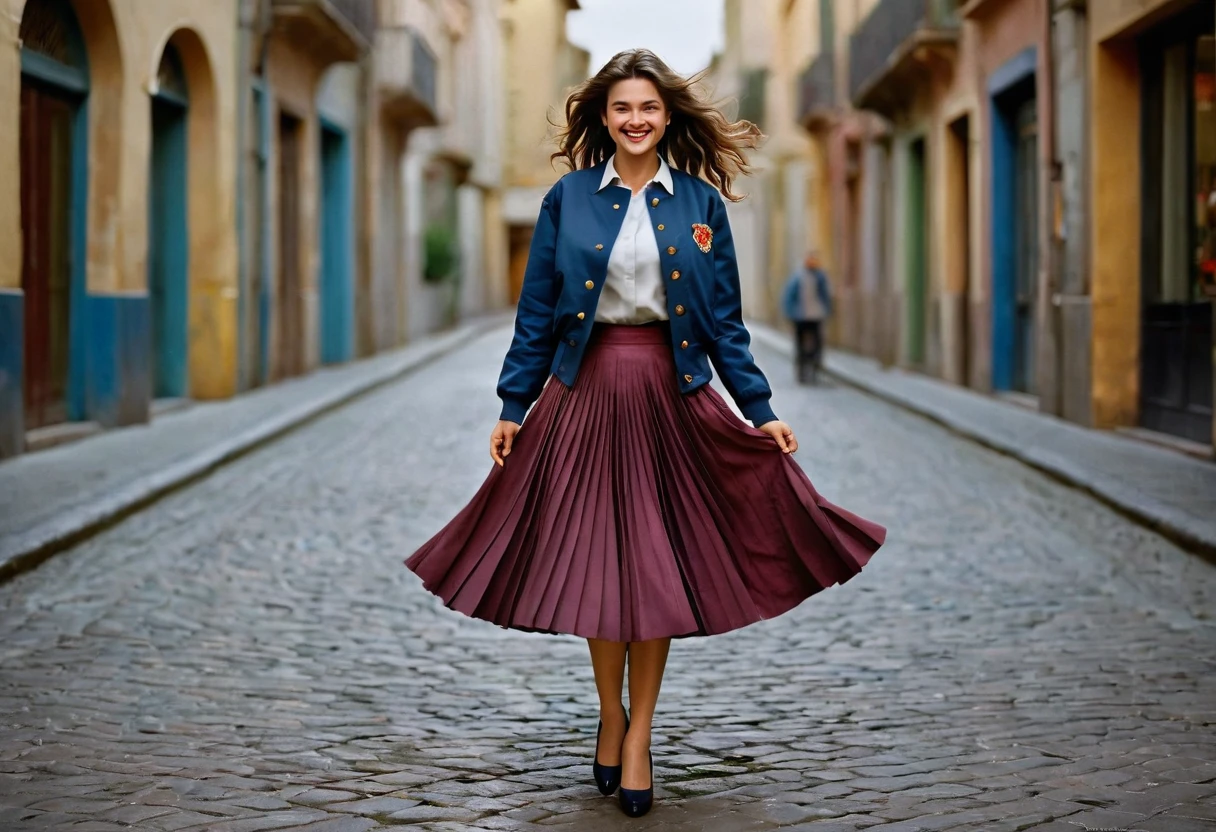 A smiling, authentic, (shy:1,3), kind, beautiful woman, is passionately in love with her skirt, wind wildly lifts her skirt, wearing uniform jacket and very, very detailed (long (fully pleated) full circle skirt) and (low heeled court shoes), very, very intricate hyper-detailed symmetric (attractive graceful young feminine face) with (sad, tired eyes and a loving smile), very voluptuous breasts, full of empathy and compassion and love, (pronounced (feminine) features), (highly detailed ultra accurate realistic) hands and fingers, (windy), epic composition, highly detailed attributes, (35mm f1.4 Kodak portra 400 photograph), extremely high quality RAW photograph, highly detailed atmosphere, sci-fi, cinematic shot, dynamic lighting, 75mm, Technicolor, Panavision, cinemascope, sharp focus, fine details, 8k, HDR, realism, realistic, key visual, film still, superb cinematic color grading, depth of field