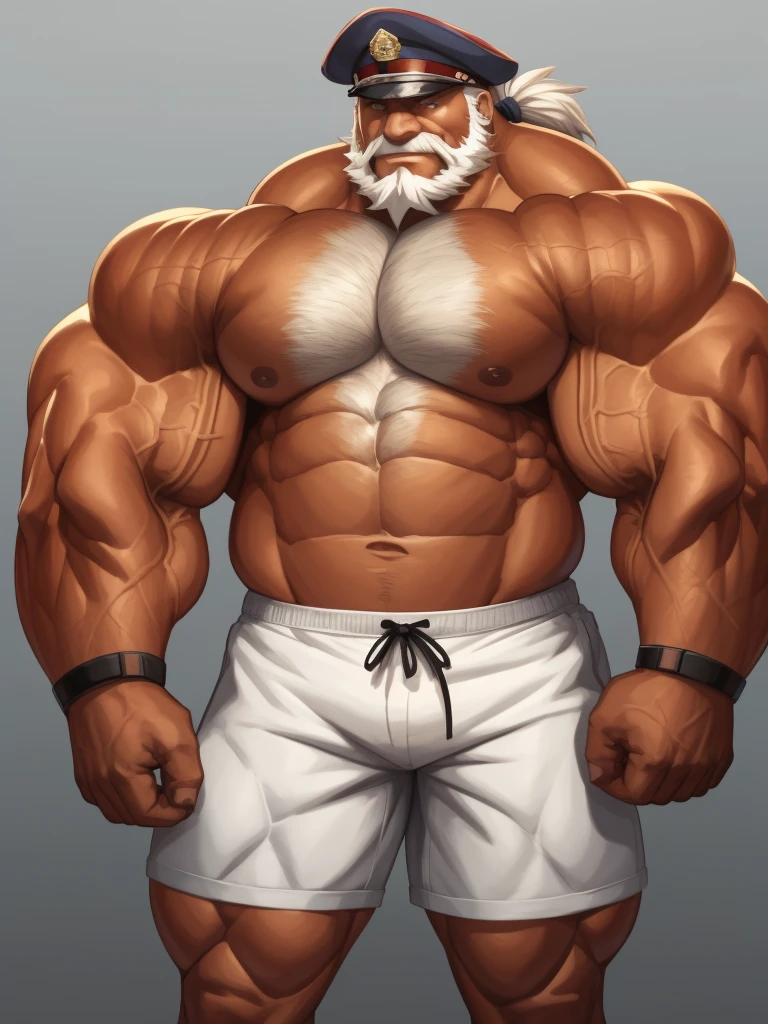 animestyle, solo, 1boy, perfect anatomy, perfect proportion. Huge Muscular Old man wearing soldier hat ,(white shorts), view from side, pectoral, thick arms, huge pectoral, wide pectoral, short white hair, red beard and hair, simple background, masterpiece, anime:1.2, high detailed, 8k, high resolution, perfect center, full view. ((really big muscle, massive muscular, sixpack, thick arms, wide pectoral, super huge muscle, hyper muscular, over sized muscle, huge arms, big arms, huge pectoral))
