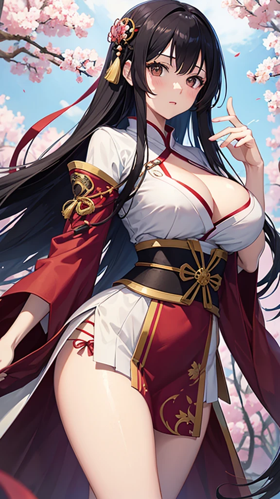 anime, young woman, alone, Long Hair, Black Hair, Brown eyes, model, beautiful, Large Breasts, Fantasy, Senbonzakura、Japanese clothing