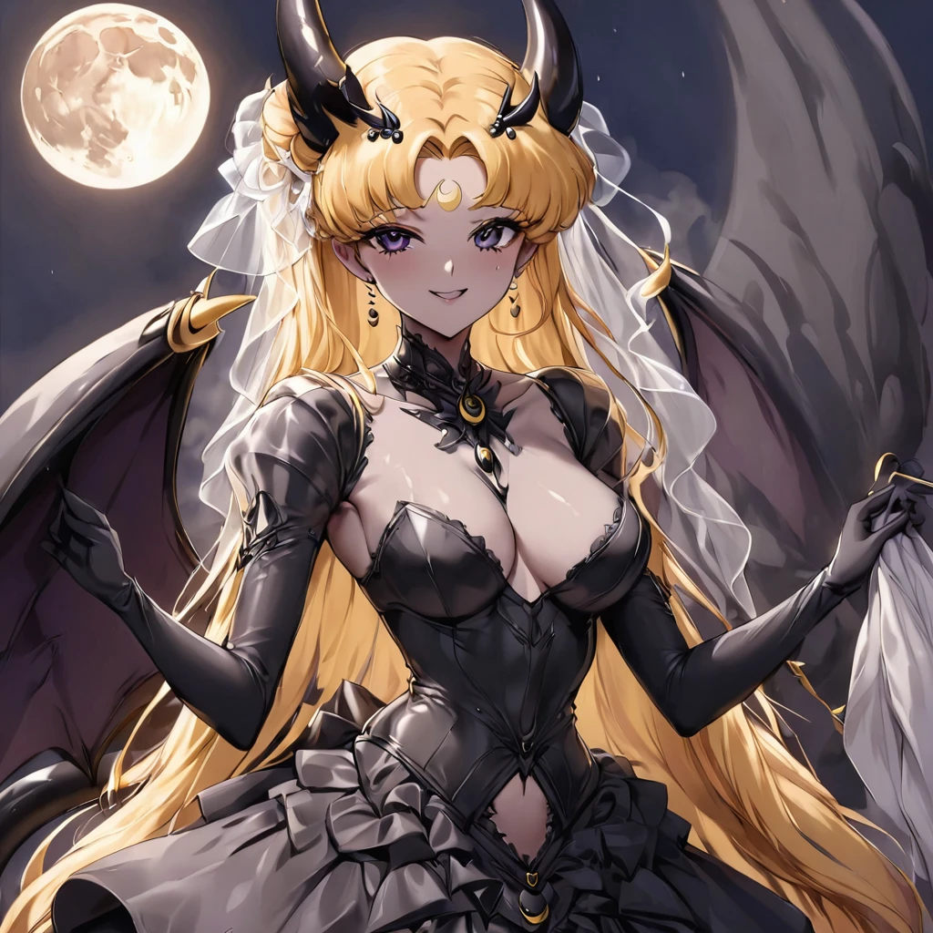 ((Highest quality)), ((masterpiece)), (detailed), (Perfect Face)、Black moon mark on forehead、The woman is the Dark Queen of the Black Moon of the Black Moon Clan, the Demon Queen Black Serenity, and the woman is the sexy, jet-black-skinned demon princess Serenity.、The woman is a jet-black female demon with magnificent devil horns, jet-black devil wings, and a jet-black tail. Her skin is jet-black, and she has a black inverted crescent moon mark on her forehead. She is a devil bride wearing a gorgeous black Gothic Victorian wedding dress and a black wedding veil. She is the jet-black demon Princess Serenity, and has blonde hair with a happy expression as she looks at the camera.2The expression of a girl in love with her long hair tied up、Woman is Black Serenity