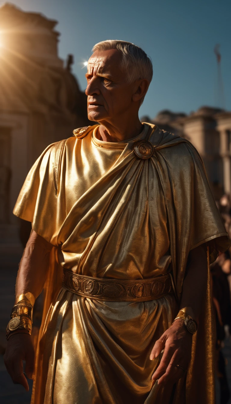 As the sun began to set, The warm golden color of the sun shone on his clothes, Produce an image depicting the moment when Julius Caesar uttered his last words, 'Et tu, Brute, background dark, hyper realistic, ultra detailed hyper realistic, photorealistic, Studio Lighting, reflections, dynamic pose, Cinematic, Color Grading, Photography, Shot on 50mm lens, Ultra-Wide Angle, Depth of Field, hyper-detailed, beautifully color, 8k, golden light from the front,