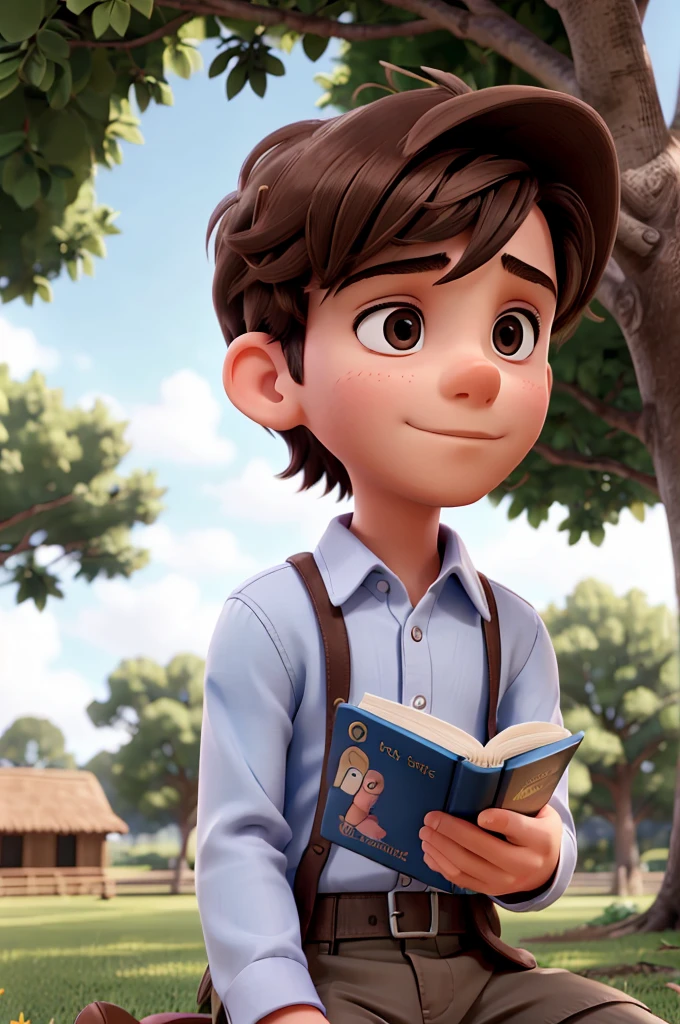 A young boy sitting under a tree, engrossed in reading a book with a look of curiosity and fascination on his face.