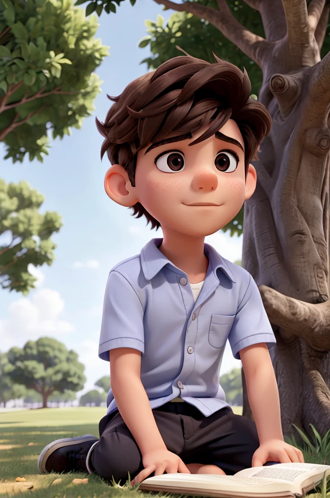 A young boy sitting under a tree, engrossed in reading a book with a look of curiosity and fascination on his face.