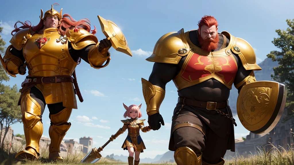 Large and strong soldier, covered in golden armor, with his head out, short hair with red bangs, holding a giant hammer and a shield, walking hand in hand with a 6 year old dwarf  girl, with pink hair and ears elf