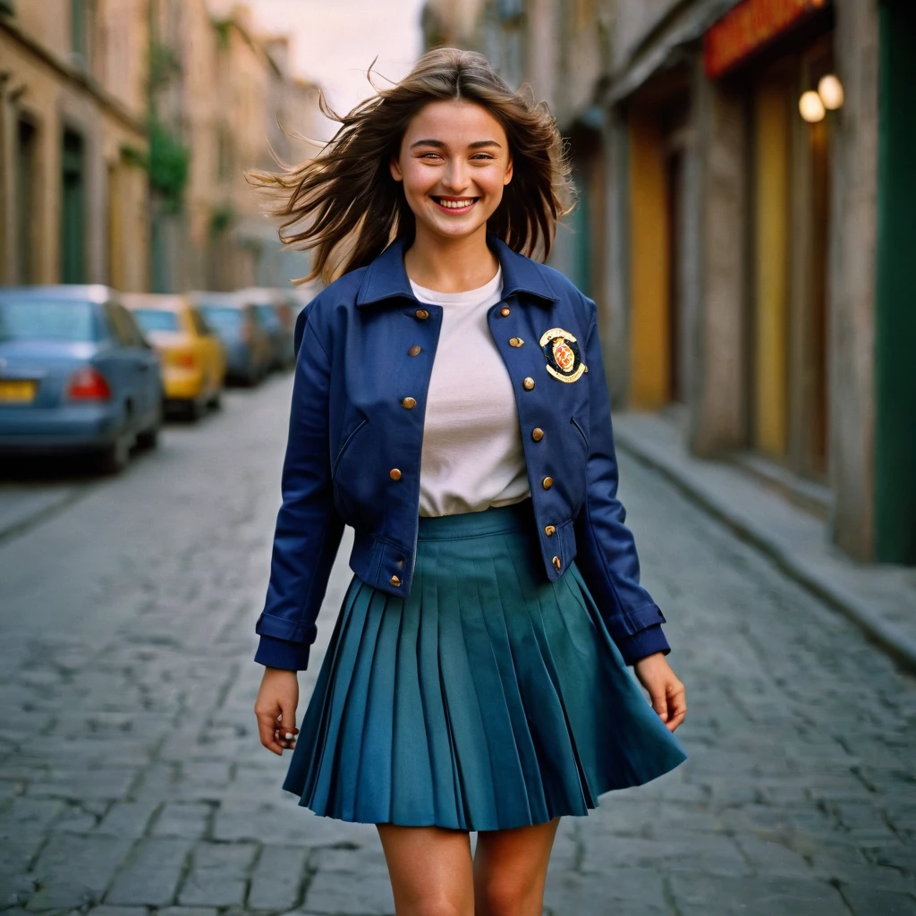 A smiling, authentic, (shy:1,3), kind, beautiful woman, is passionately in love with her skirt, wind wildly lifts her skirt, wearing uniform jacket and very, very detailed (long (fully pleated) full circle skirt) and (low heeled court shoes), very, very intricate hyper-detailed symmetric (attractive graceful young feminine face) with (sad, tired eyes and a loving smile), very voluptuous breasts, full of empathy and compassion and love, (pronounced (feminine) features), (highly detailed ultra accurate realistic) hands and fingers, (windy), epic composition, highly detailed attributes, (35mm f1.4 Kodak portra 400 photograph), extremely high quality RAW photograph, highly detailed atmosphere, sci-fi, cinematic shot, dynamic lighting, 75mm, Technicolor, Panavision, cinemascope, sharp focus, fine details, 8k, HDR, realism, realistic, key visual, film still, superb cinematic color grading, depth of field
