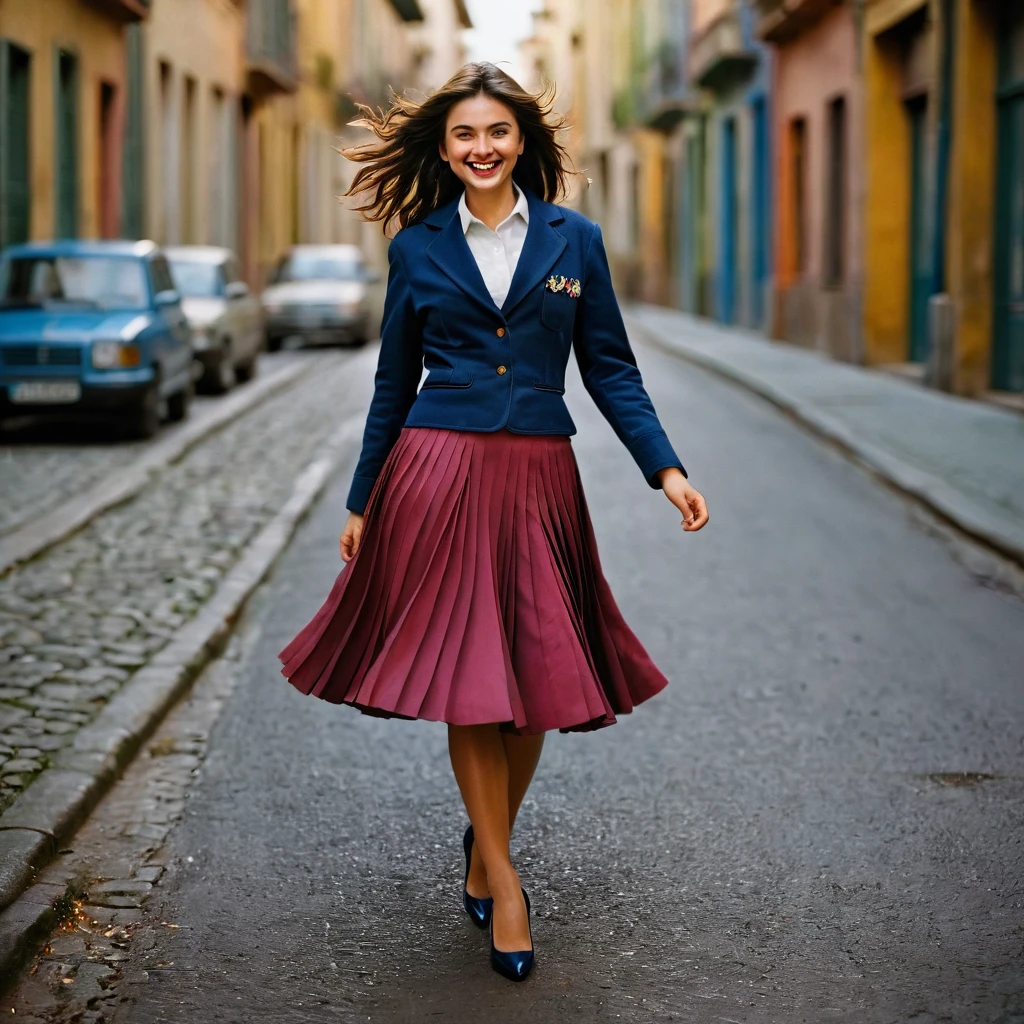 A smiling, authentic, (shy:1,3), kind, beautiful woman, is passionately in love with her skirt, wind wildly lifts her skirt, wearing uniform jacket and very, very detailed (long (fully pleated) full circle skirt) and (low heeled court shoes), very, very intricate hyper-detailed symmetric (attractive graceful young feminine face) with (sad, tired eyes and a loving smile), very voluptuous breasts, full of empathy and compassion and love, (pronounced (feminine) features), (highly detailed ultra accurate realistic) hands and fingers, (windy), epic composition, highly detailed attributes, (35mm f1.4 Kodak portra 400 photograph), extremely high quality RAW photograph, highly detailed atmosphere, sci-fi, cinematic shot, dynamic lighting, 75mm, Technicolor, Panavision, cinemascope, sharp focus, fine details, 8k, HDR, realism, realistic, key visual, film still, superb cinematic color grading, depth of field