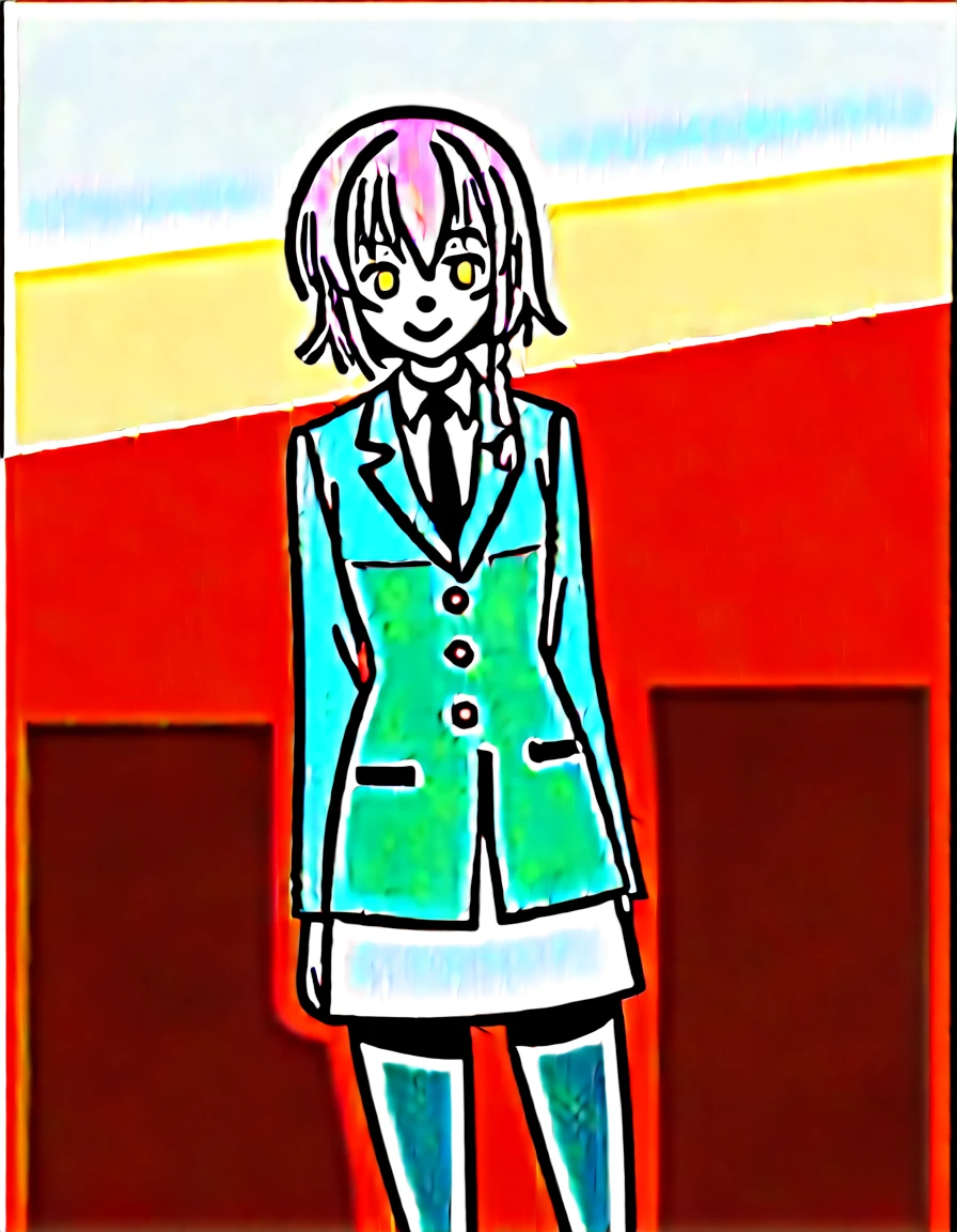 score_9, score_8_superior, score_7_superior, sauce_anime,
minamisakurai, Minami Sakurai, Brown eyes, Yellow Eyes, Purple Hair, Braiding, single Braiding, Hair that falls over the shoulders,
Long sleeve, dress, , pantyhose, tie, white dress, black tie, Green jacket,
indoor, classroom, I had already finished, smile,
alone, Dutch Angle, View your viewers, Cowboy Shot,