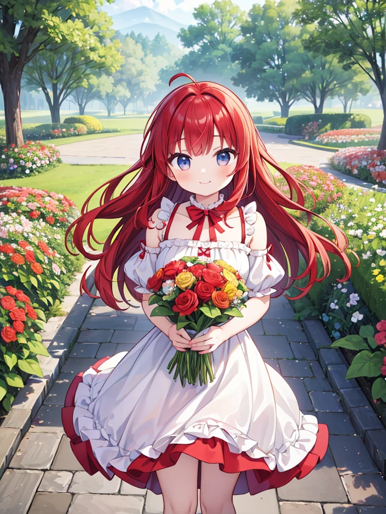 (masterpiece、Highest quality、Awareness-raising、Very high quality、high resolution、extremely delicate writing)A girl with short long red hair standing in a beautiful flowered garden、smile、She has a big bouquet、A cute ethnic dress with frills on the shoulders、Hair blowing in the wind
