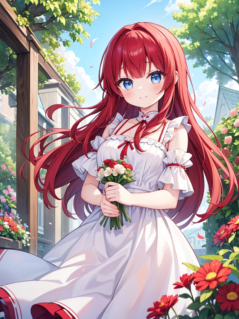 (masterpiece、Highest quality、Awareness-raising、Very high quality、high resolution、extremely delicate writing)A girl with short long red hair standing in a beautiful flowered garden、smile、She has a big bouquet、A cute ethnic dress with frills on the shoulders、Hair blowing in the wind