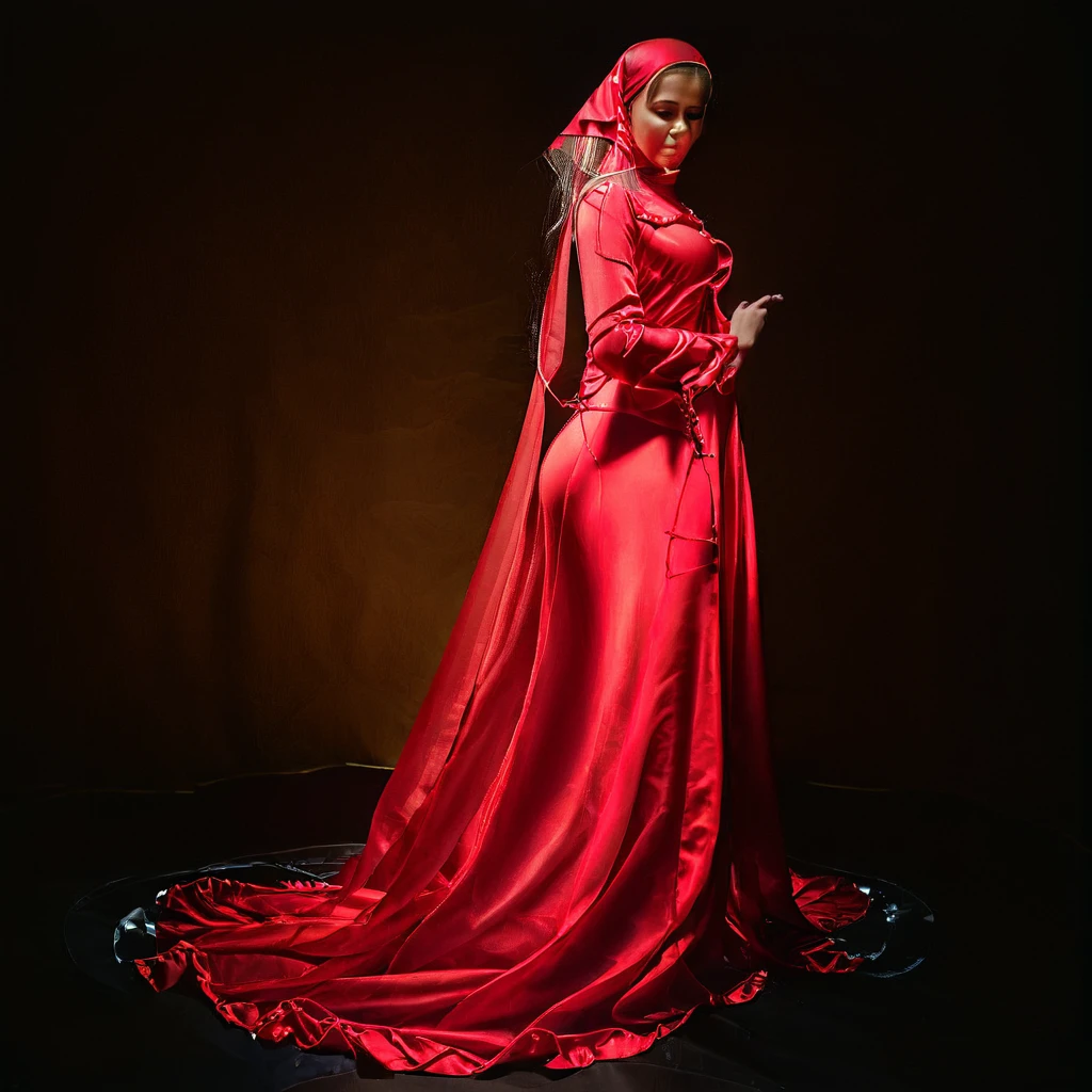 a woman in the translucent silk red gown, tight full body tied, satin sheet, nipple on with nipple piercing, wearing translucent veils, satin hijab, full body, long satin,mermaid tight long gown, flowy dramatic long gown, tall women, satin bed, strugle to walk, wear high heels, satin bed, masterpice 