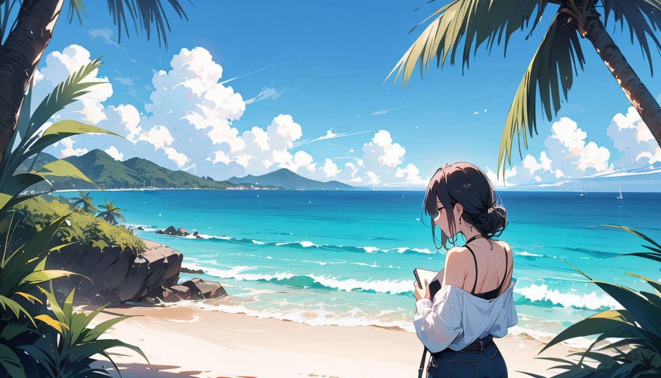 (masterpiece, Highest quality:1.2), 1 Girl, alone,Eyes open,I have a book,Tropical atmosphere,Ocean