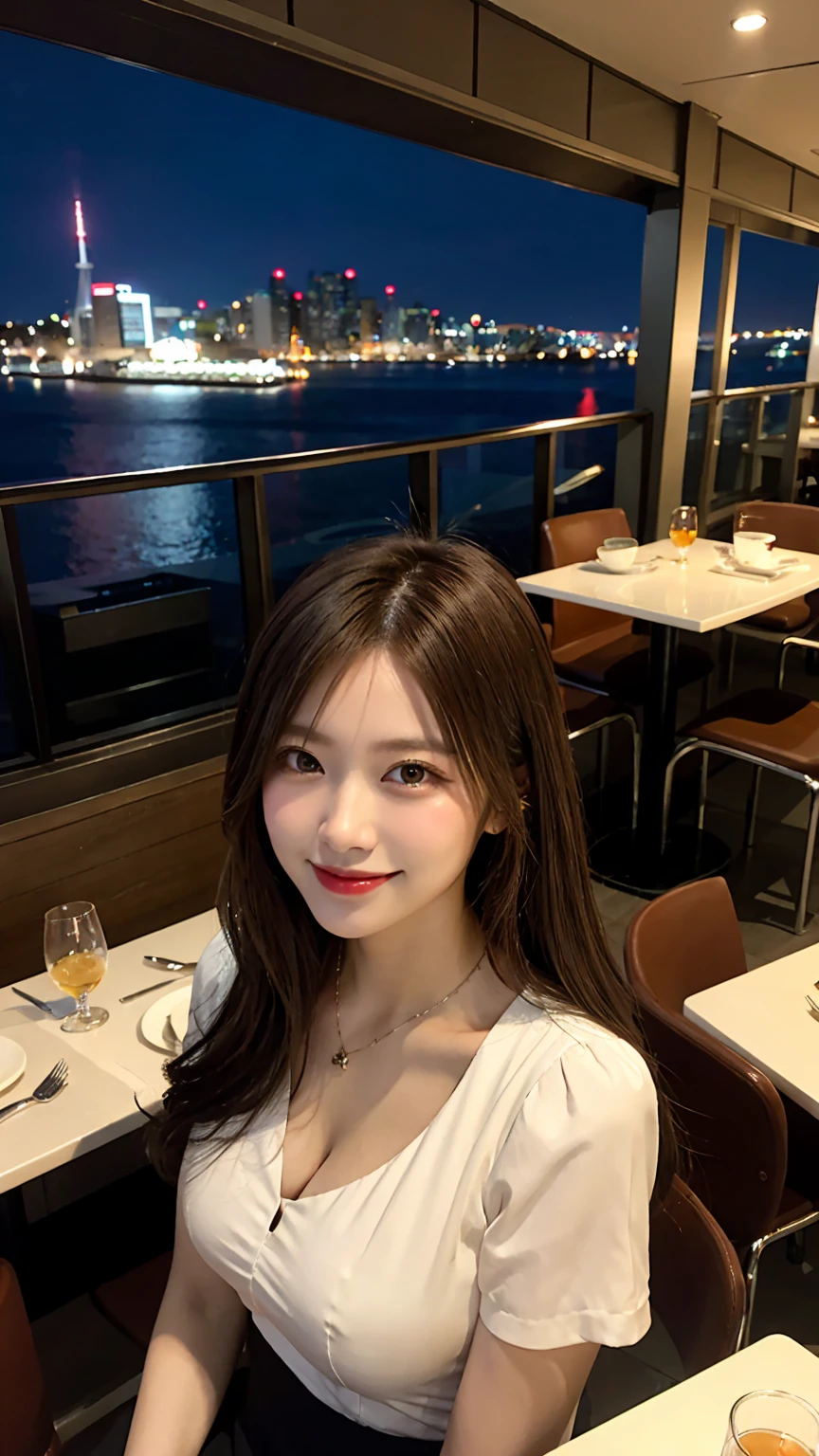 highest quality, masterpiece, 8K, ultra high resolution, (realistic: 1.4), beautiful face, symmetrical eyes, Japanese, 20 years old, brown hair, smile, wearing makeup, high-definition images, atmospheric perspective, super detail, accurate, best quality, (angle from under the table), a Japanese lady, drooping eyes, sleepy face, blush, in the city, busy, skyscrapers, skirt, high heels, necklace, white blouse , restaurant with large windows, takes a seat, (other customers), night scene, windows have harbor view, foods, romantic dinner