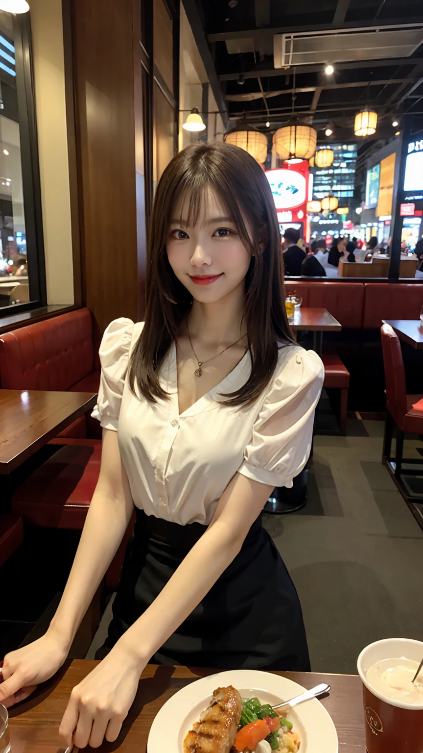 highest quality, masterpiece, 8K, ultra high resolution, (realistic: 1.4), beautiful face, symmetrical eyes, Japanese, 20 years old, brown hair, smile, wearing makeup, high-definition images, atmospheric perspective, super detail, accurate, best quality, (angle from under the table), a Japanese lady, drooping eyes, sleepy face, blush, in the city, busy, skyscrapers, skirt, high heels, necklace, white blouse , restaurant with large windows, takes a seat, (other customers), night scene, windows have harbor view, foods, romantic dinner