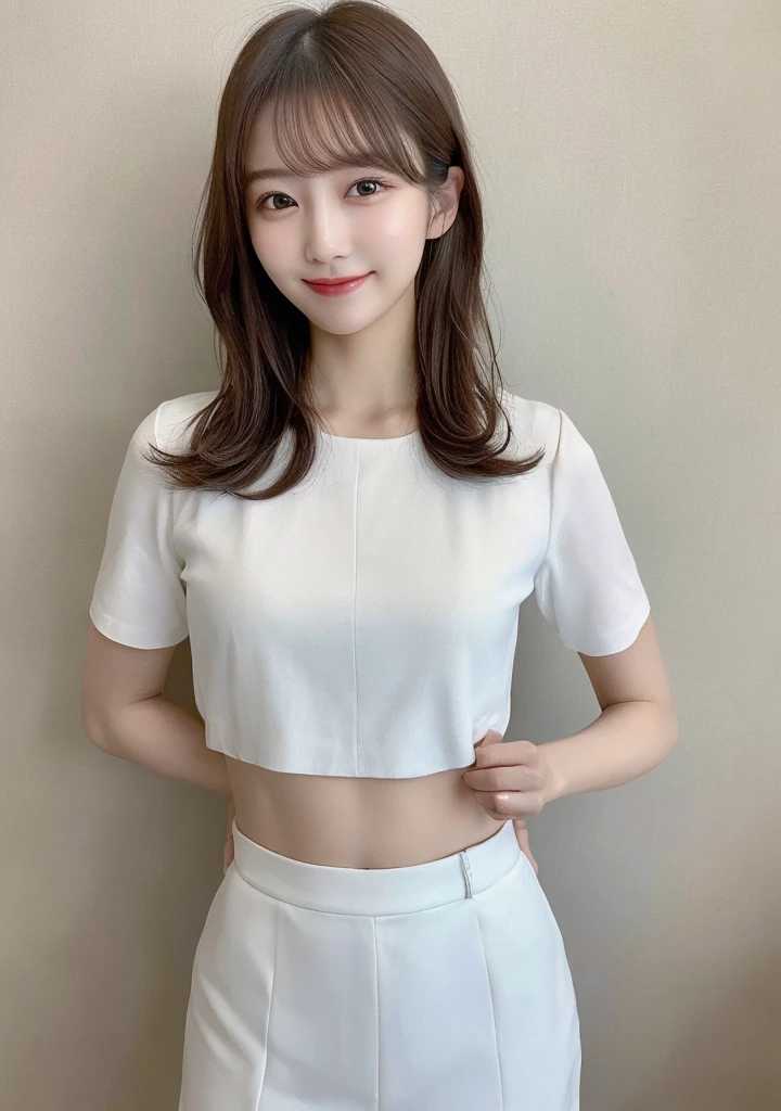 White tight shirt、White tight mini skirt、a bed、a smile、shortsleeves