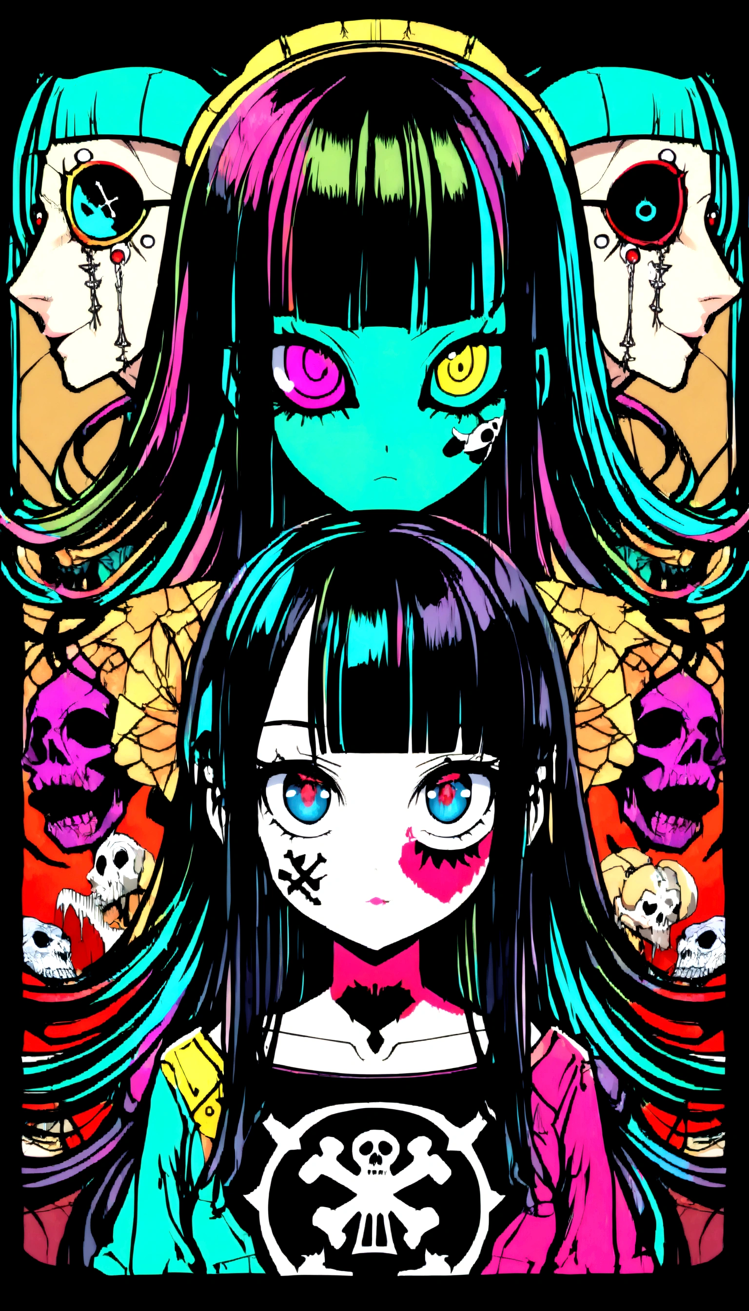 Black Hair、Black Feather、Gothic Punk、sit ,anime zombie witch design, crossbones, skulls, street wear design, pro vector, Horror style, full design, 6 colors only, solid colors, no shadows, full design, sticker, bright colors, white background.super fine illustration,(((beautiful fine hair))),(((beautiful fine face))),(((beautiful fine background))),(((beautiful fine hair))),(((beautiful fine face))),(((beautiful fine background))),Midsummer、beachBlack Hair、blunt bangs、Cross-eyed