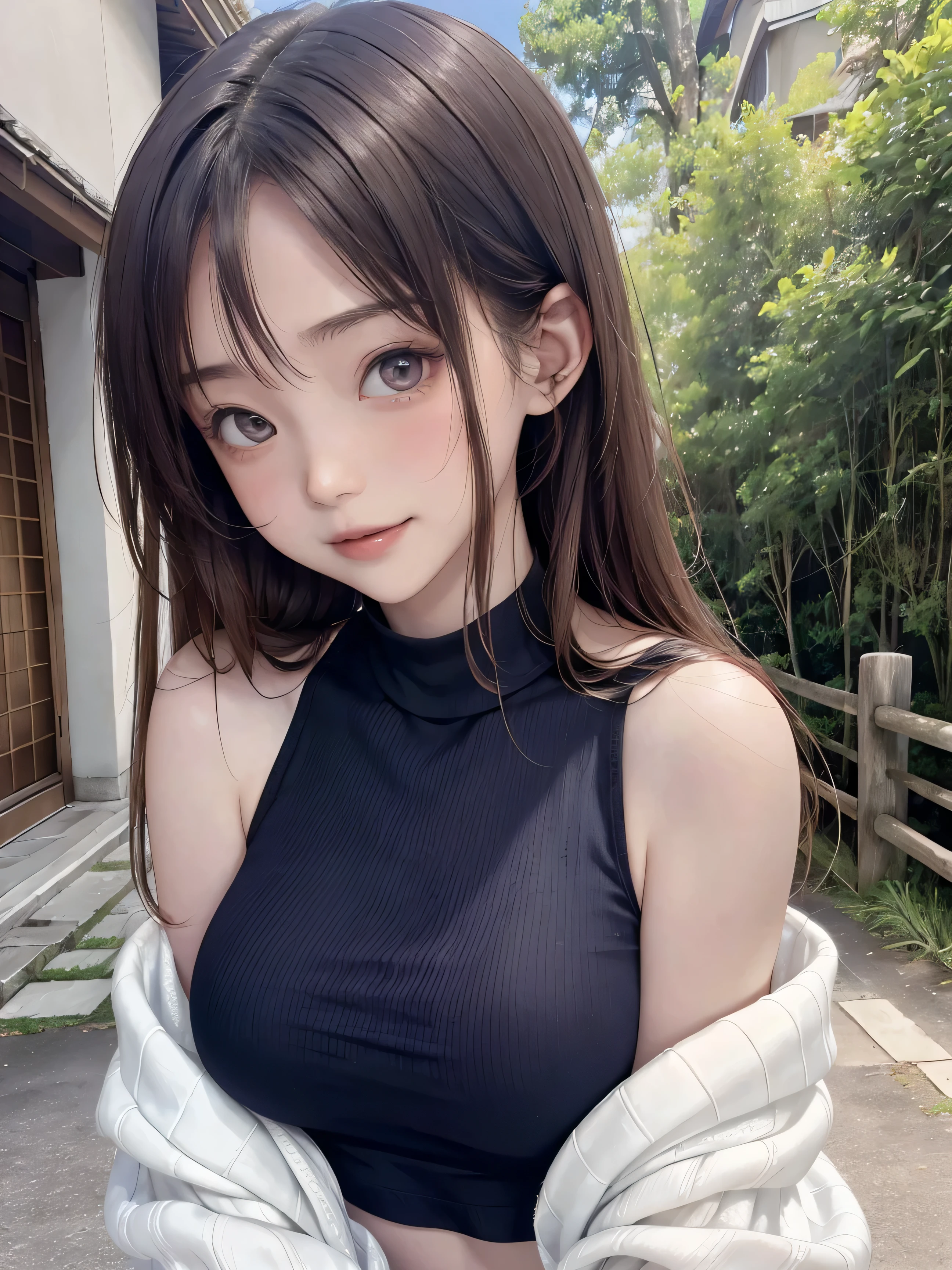 masutepiece, Best Quality, Photorealsitic, finely detail, hight resolution, 8K Wallpapers, Perfect dynamic composition, Beautiful detailed eyes, large full breasts, Random and sexy poses,Bring your chest together、(Very Small Size Mock Neck Crop Tank Top White Knitwear)、(Breast bulge 1.2)、A smile、open open mouth、Resort scenery、20years old、(Drooping eyes 1.4)、Adult beauty、japanese