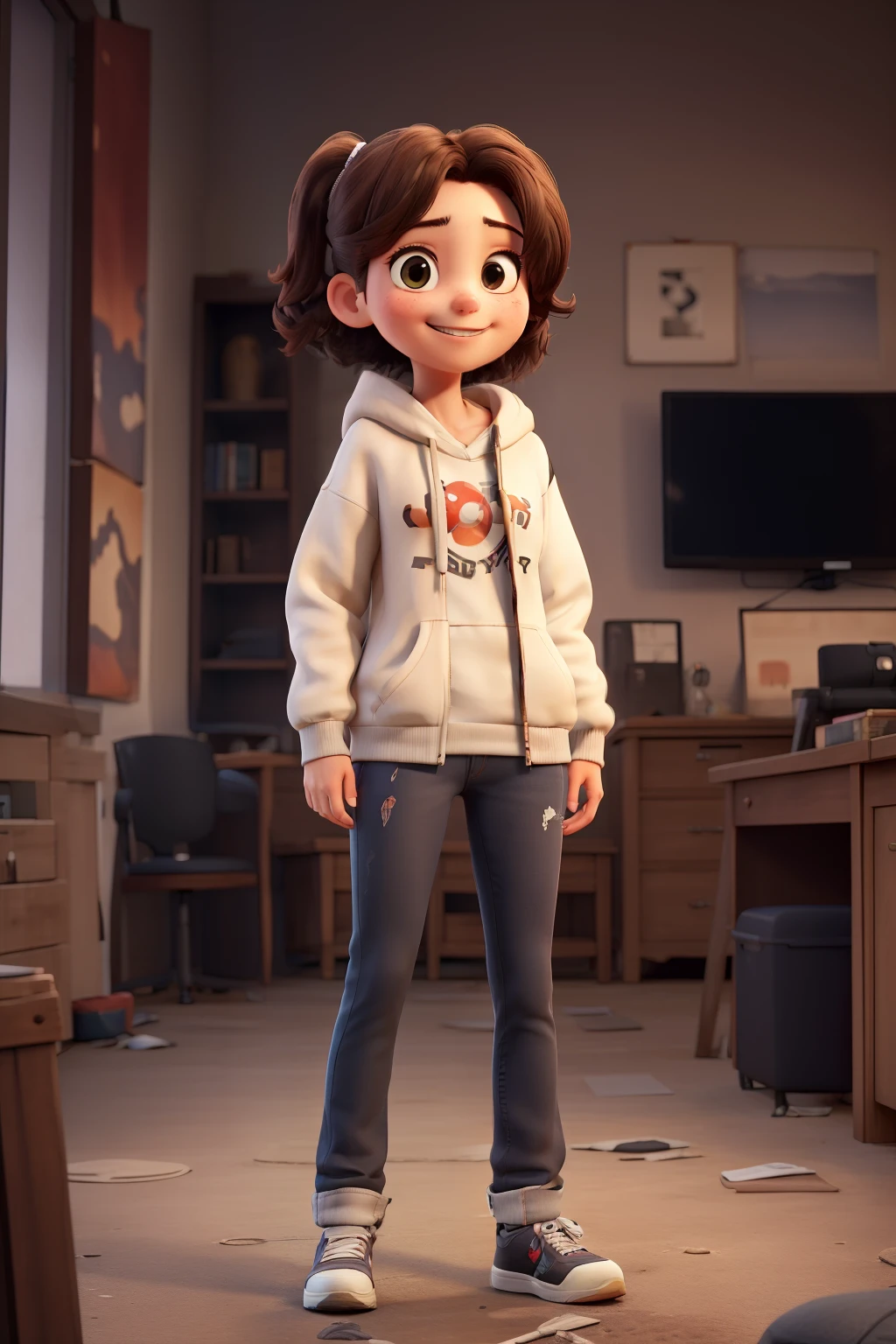 ((best qualityer)), ((work of art)), (detailded), 1 girl, with cowhide hoodie, very happy, playing video game
