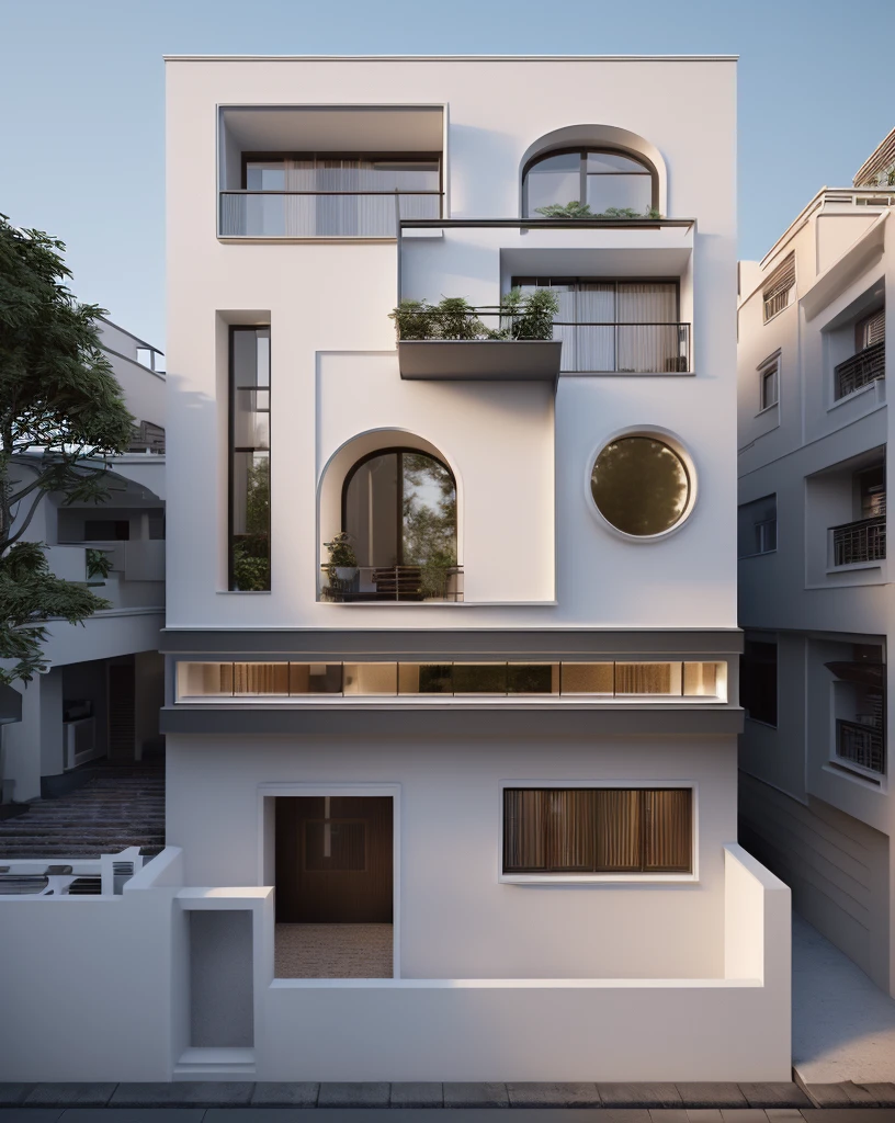 (Townhouse in city ,close houses and trees), daylight ( best quality) ((high solution)) ,(( photo realistic)) ,warm light, (sharp focont view of townhouse in style of modern,small house, Narrow area,VietNam,facade, curved arch,beautiful facade,curved windown,narrow and long ,two-storey,mutual colours, soft lighting, warm atmosphere,high Resolution, hyper detailed,4k ,vray render, octane render, hyper realistic, photography expert ,exterior design , professional photography, exterior photography,wide-angle shot , ultra detail , high Resolution , full frame, full body