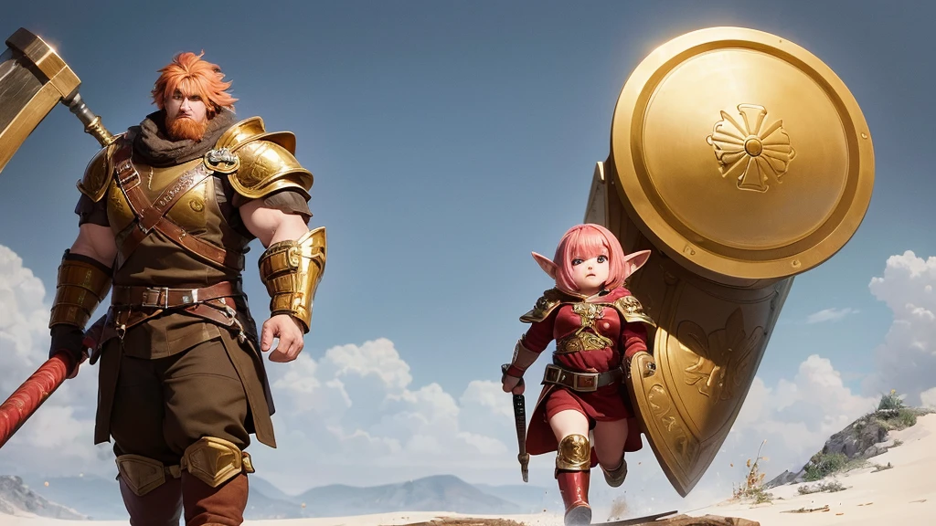 Large and strong soldier, covered in golden armor, with his head out, short hair with red bangs, holding a giant hammer and a shield, walking hand in hand with a 6 year old dwarf  girl, with pink hair and ears elf